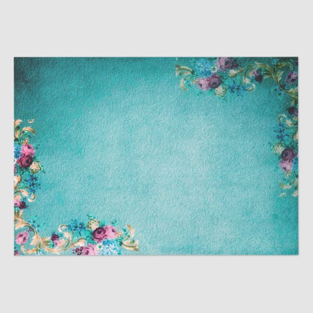 Victorian floral rose flowers elegant  teal purple tissue paper (Front)