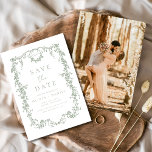 Victorian Floral Sage Green Photo French Wedding  Save The Date<br><div class="desc">Announce your special day with a Victorian-inspired floral save the date in elegant sage green. This French-inspired design features intricate floral patterns that evoke timeless romance and sophistication. The soft dusty blue colour adds a serene and refined touch, perfect for setting the tone of a classic and elegant wedding. Ideal...</div>