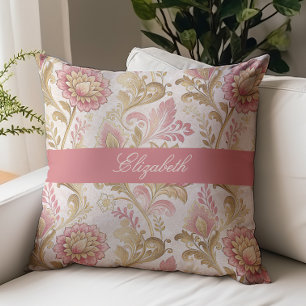 Victorian Floral Script Monogram Name Pink Gold Cushion