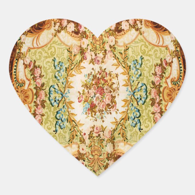 Victorian floral tapestry look brown green pink heart sticker (Front)