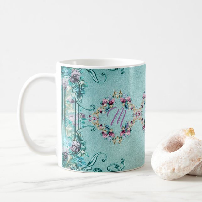 Victorian floral teal purple elegant coffee mug (With Donut)
