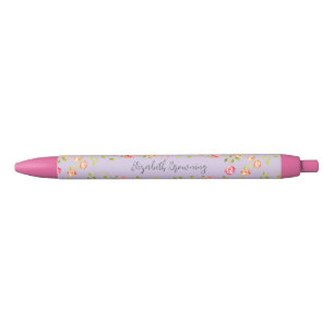 Victorian Floral Vintage Pink Roses Personalised Black Ink Pen