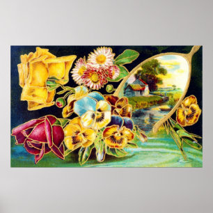 Victorian Floral with Landscape Scenic Poster