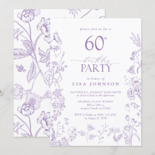 Victorian Flowers 60th Birthday Party Lilac Script Invitation