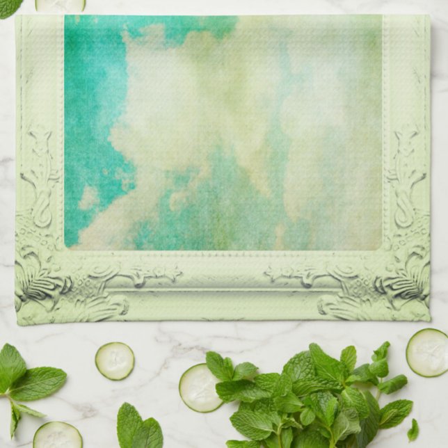 Victorian frame sky cloud elegant teal cream tea towel (Creator Uploaded)