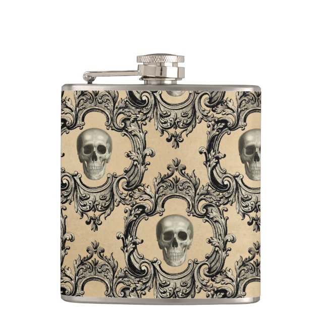 Victorian Framework Skulls Goth Skeleton Gothic Hip Flask (Front)