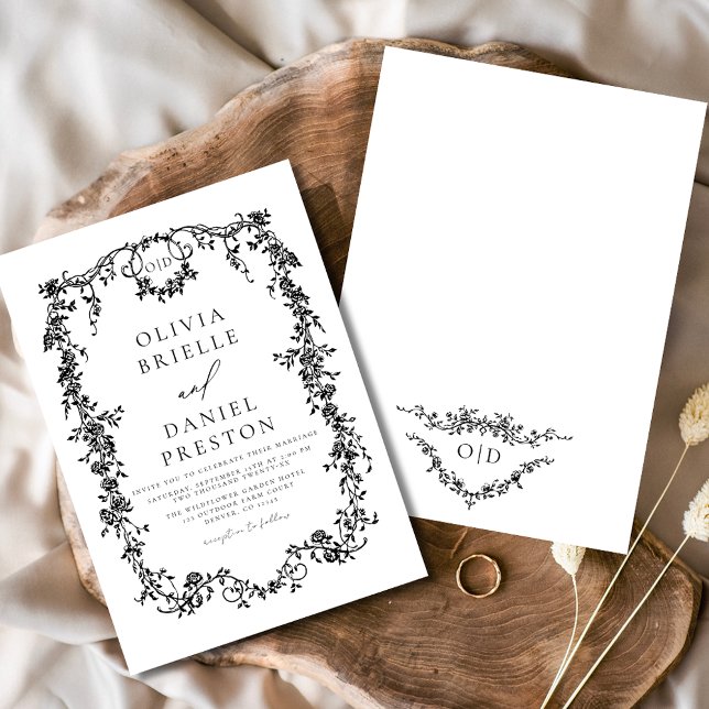 Victorian French Black Floral Wedding Monogram Invitation (Creator Uploaded)