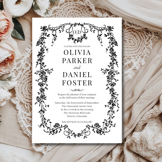 Victorian French Black Ornate Wedding Monogram Invitation (Creator Uploaded)