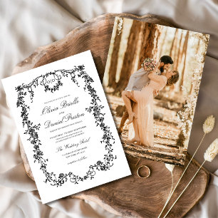 Victorian French Black Photo Monogram Wedding  Invitation
