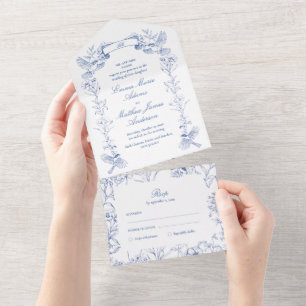 Victorian French Blue Botanical Birds Wedding All In One Invitation