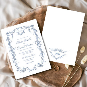 Victorian French Blue Floral Wedding Monogram Invitation