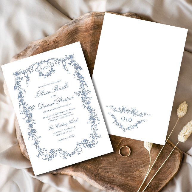 Victorian French Blue Floral Wedding Monogram Invitation (Creator Uploaded)