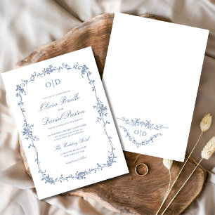 Victorian French Blue Floral Wedding Monogram Invitation