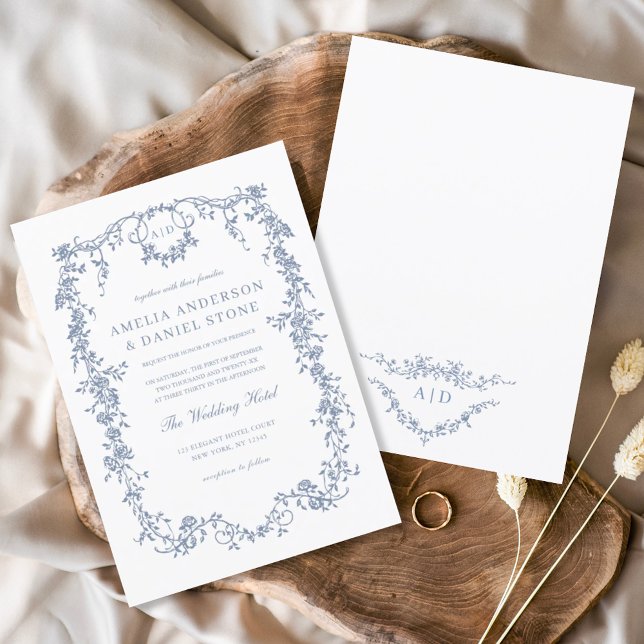 Victorian French Blue Floral Wedding Monogram Invitation (Creator Uploaded)