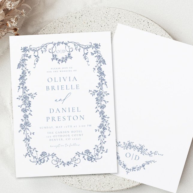 Victorian French Blue Floral Wedding Monogram Invitation (Creator Uploaded)