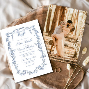 Victorian French Blue Photo Monogram Wedding  Invitation