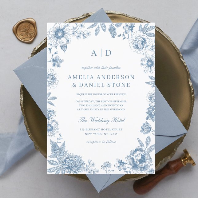Victorian French Dusty Blue Wedding Monogram Invitation (Creator Uploaded)