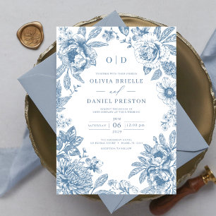 Victorian French Dusty Blue Wedding Monogram Invitation