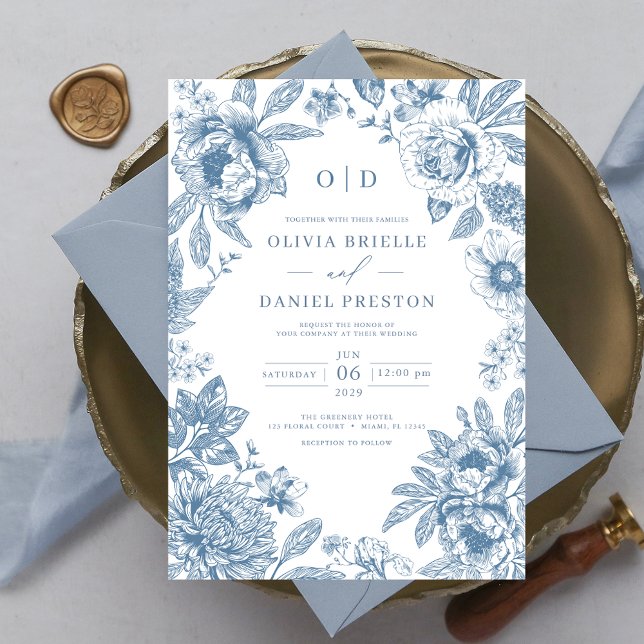 Victorian French Dusty Blue Wedding Monogram Invitation (Creator Uploaded)