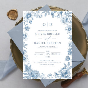 Victorian French Dusty Blue Wedding Monogram Invitation