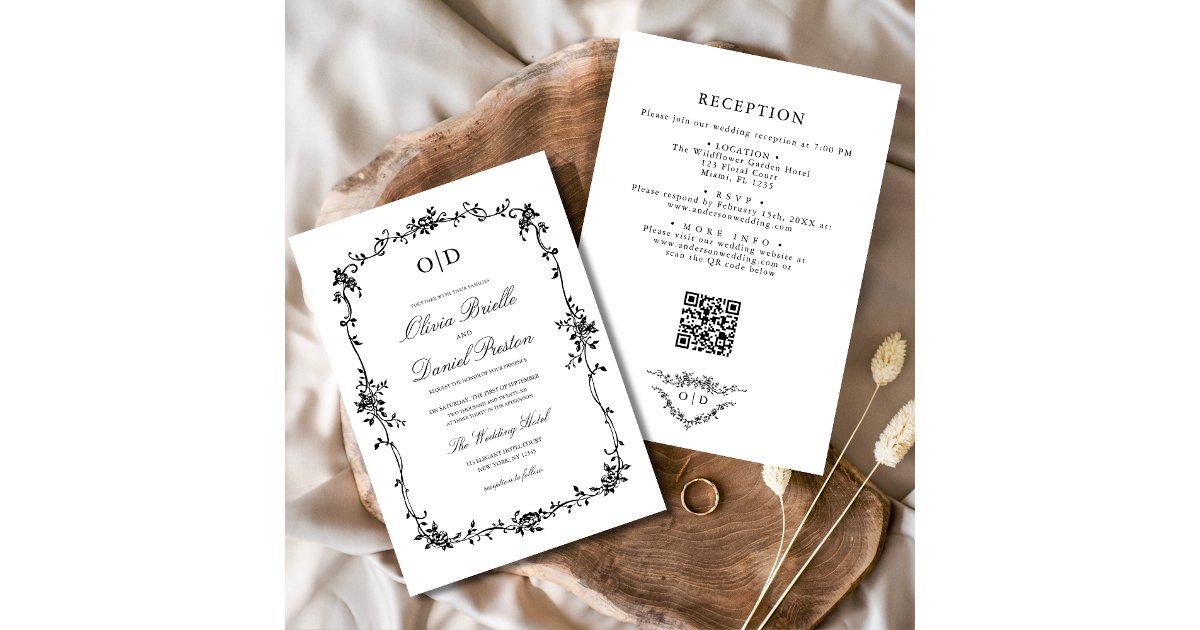Victorian French QR Code Black Wedding Monogram Invitation | Zazzle