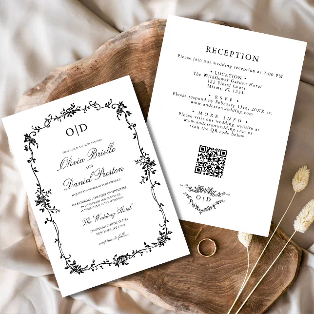 Victorian French QR Code Black Wedding Monogram Invitation | Zazzle