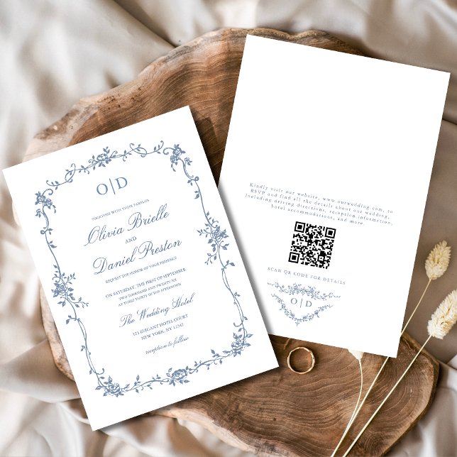 Victorian French QR Code Floral Wedding Monogram Invitation (Creator Uploaded)