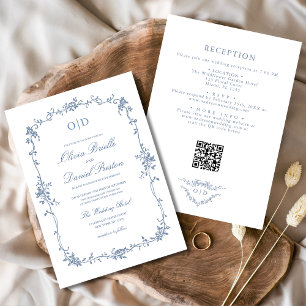 Victorian French QR Code Floral Wedding Monogram Invitation