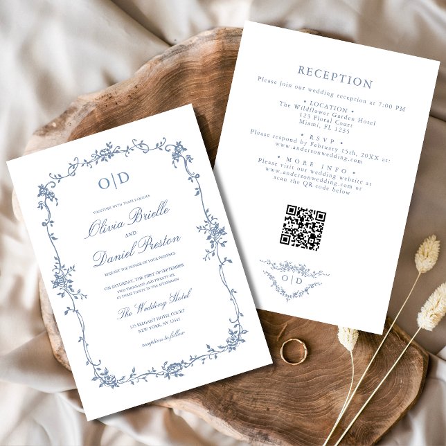 Victorian French QR Code Floral Wedding Monogram Invitation (Creator Uploaded)