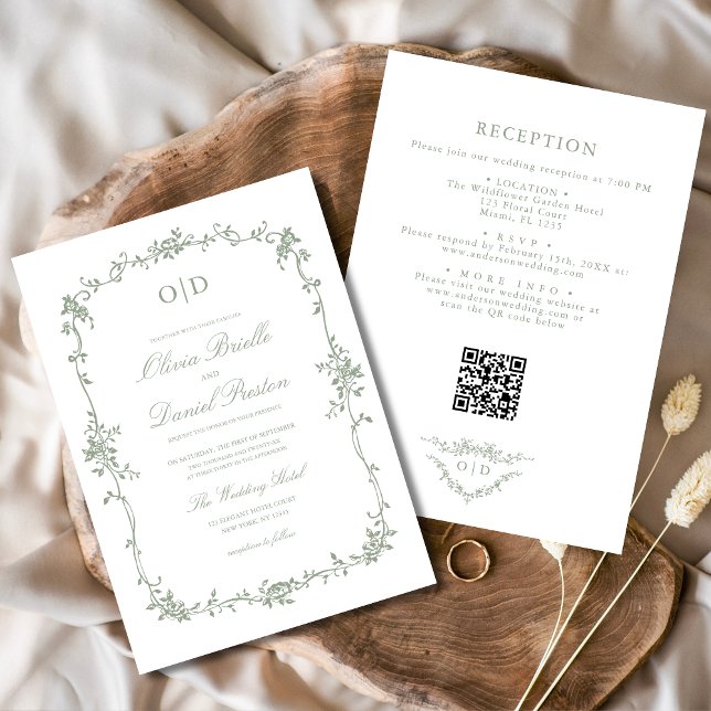 Victorian French QR Code Sage Green Floral Wedding Invitation (Creator Uploaded)