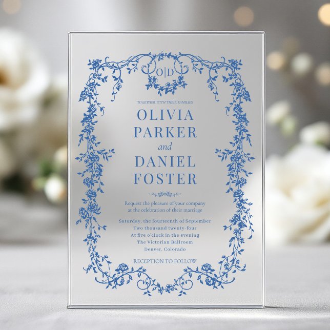 Victorian French Royal Blue Wedding Monogram Acrylic Invitations (Creator Uploaded)