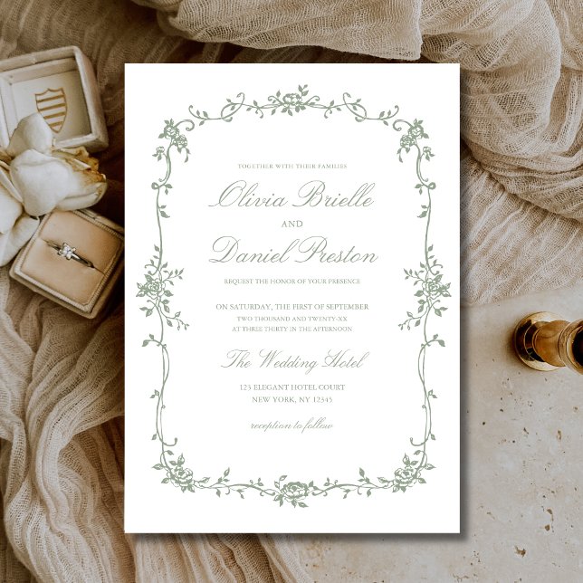 Victorian French Sage Green Floral Elegant Wedding Invitation (Creator Uploaded)