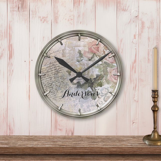 Victorian French Style Floral Old Handwriting Round Clock (Creator Uploaded)