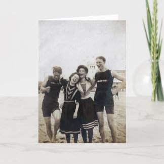 Victorian friends having fun at beach old photo holiday card