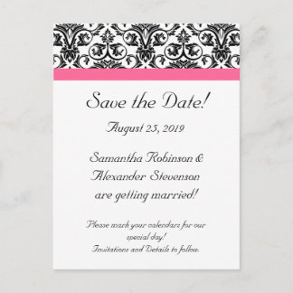 Victorian Fuchsia Pink White Damask Save the Date Announcement Postcard
