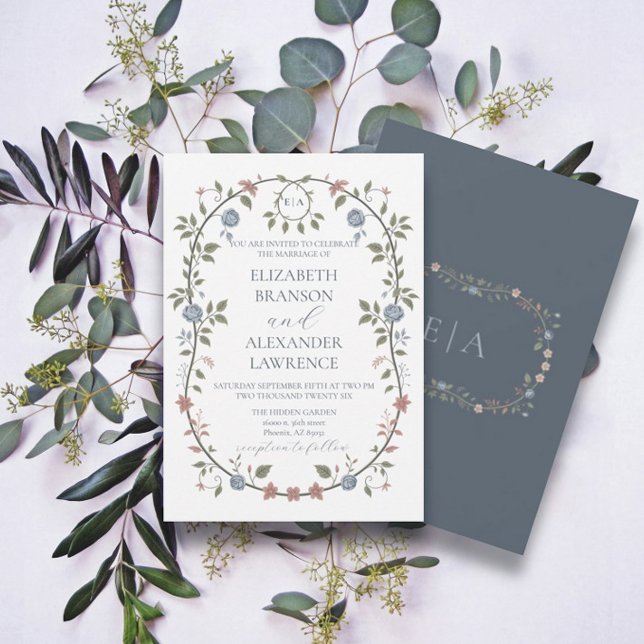 Victorian Garden Dusty Blue Monogram Invitation V2 (Creator Uploaded)