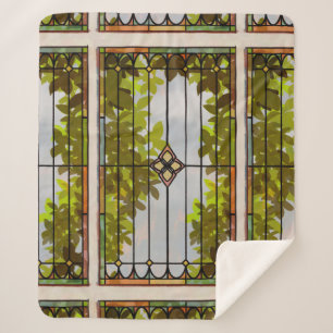 Victorian Garden Stained glass Window Curtain Sherpa Blanket