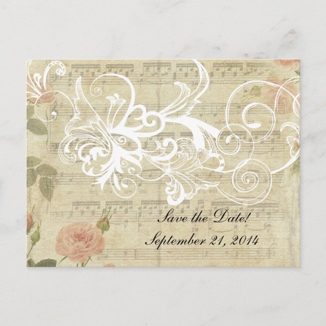 Victorian Ghost Music and Rose Save the Date Announcement Postcard (Front)