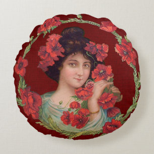 Victorian Gibson Girl Poppies Flowers Art Nouveau Round Cushion