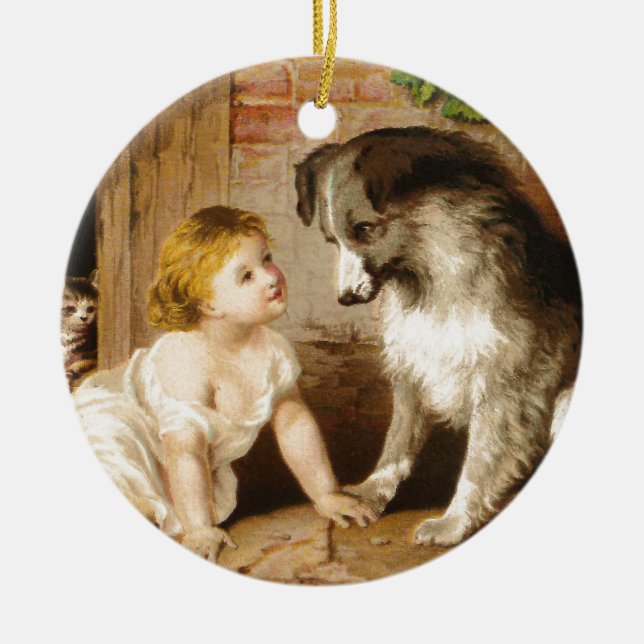 Victorian Girl and Her Dog Ceramic Ornament (Front)