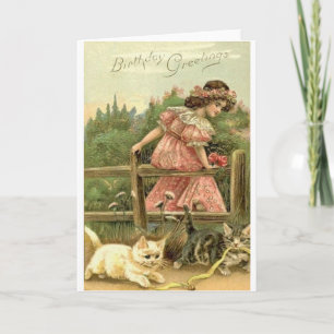 Victorian Girl And Kittens Birthday Card