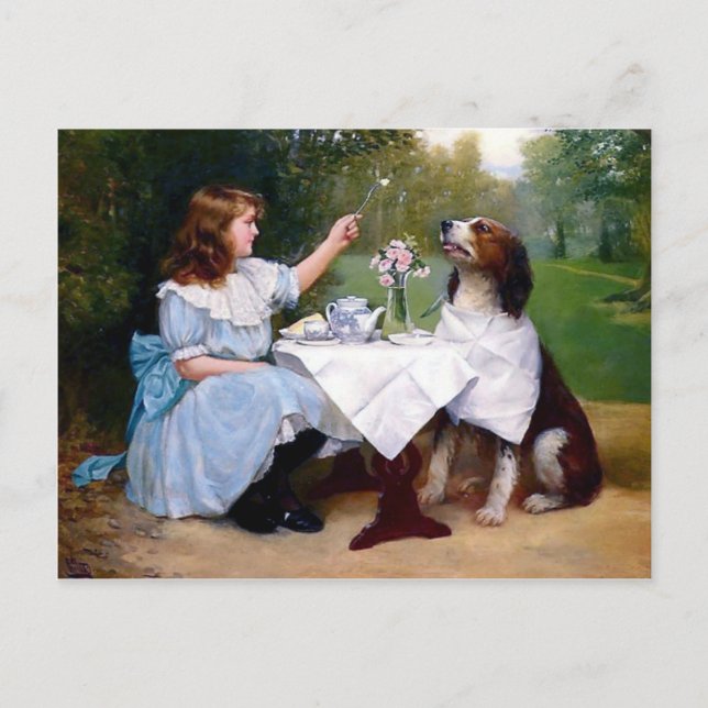 Victorian Girl and Pet Dog Table Manners painting Postcard (Front)