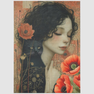 Victorian Girl Black Cat Red Poppies Abstract Art  Tissue Paper