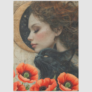 Victorian Girl Black Cat Red Poppies Abstract Art Tissue Paper
