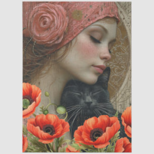 Victorian Girl Black Cat Red Poppies Abstract Art  Tissue Paper