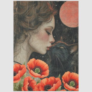 Victorian Girl Black Cat Red Poppies Abstract Art Tissue Paper