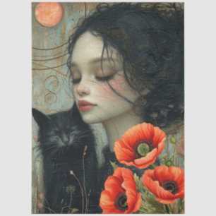 Victorian Girl Cat Moon Red Poppies Abstract Art Tissue Paper