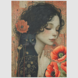 Victorian Girl Cat Moon Red Poppies Abstract Art Tissue Paper