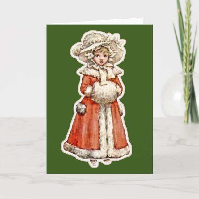 Victorian girl child paper doll winter coat red  card (Front)