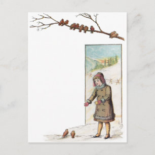 Victorian Girl Feeding Birds in Snow Postcard